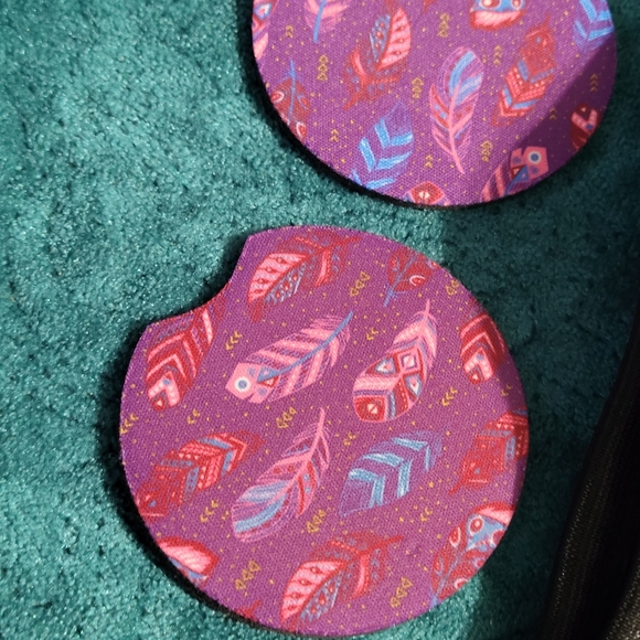 Purple Boho Feather Car Accessories Set - Coasters and Steering Wheel Cover - Picture 2 of 5
